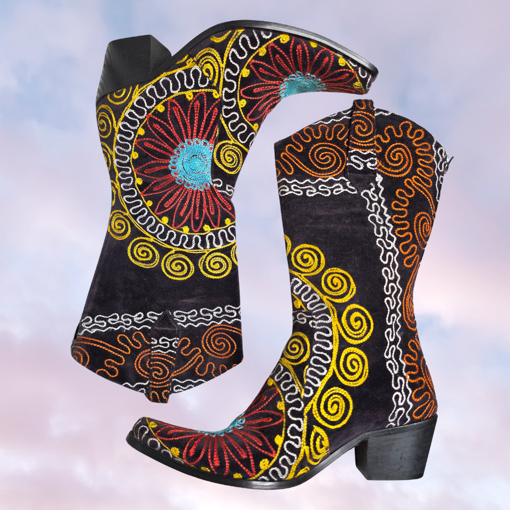 Velvet Road Black Colorful Pink Blue Yellow Floral Embroidered Western Boho Boot - Picture 4 of 9